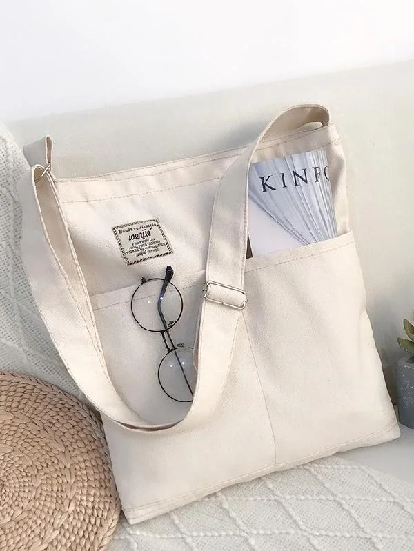 Minimalist Pure Color With-pockets Canvas Handbag