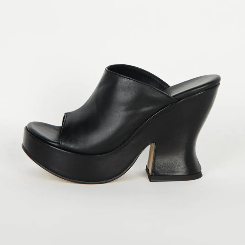 Black Round Toe Sculptural High Heeled Wide Strap Platform Mules