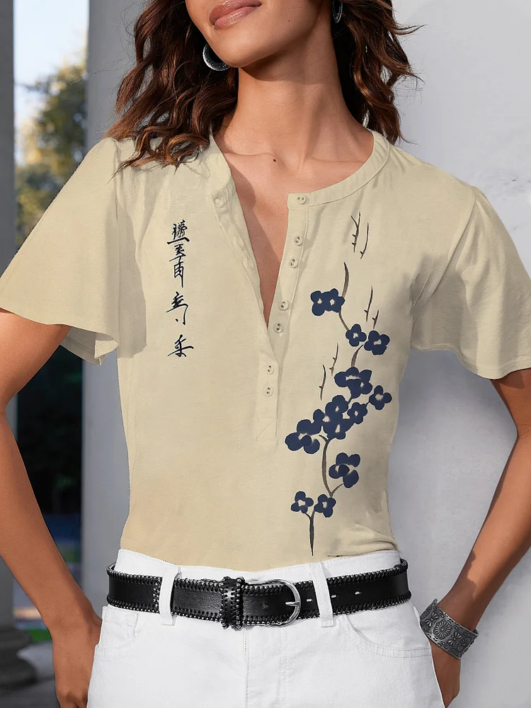 Women's Japanese Art Painting Floral Print Short Sleeve Half Button Shirt