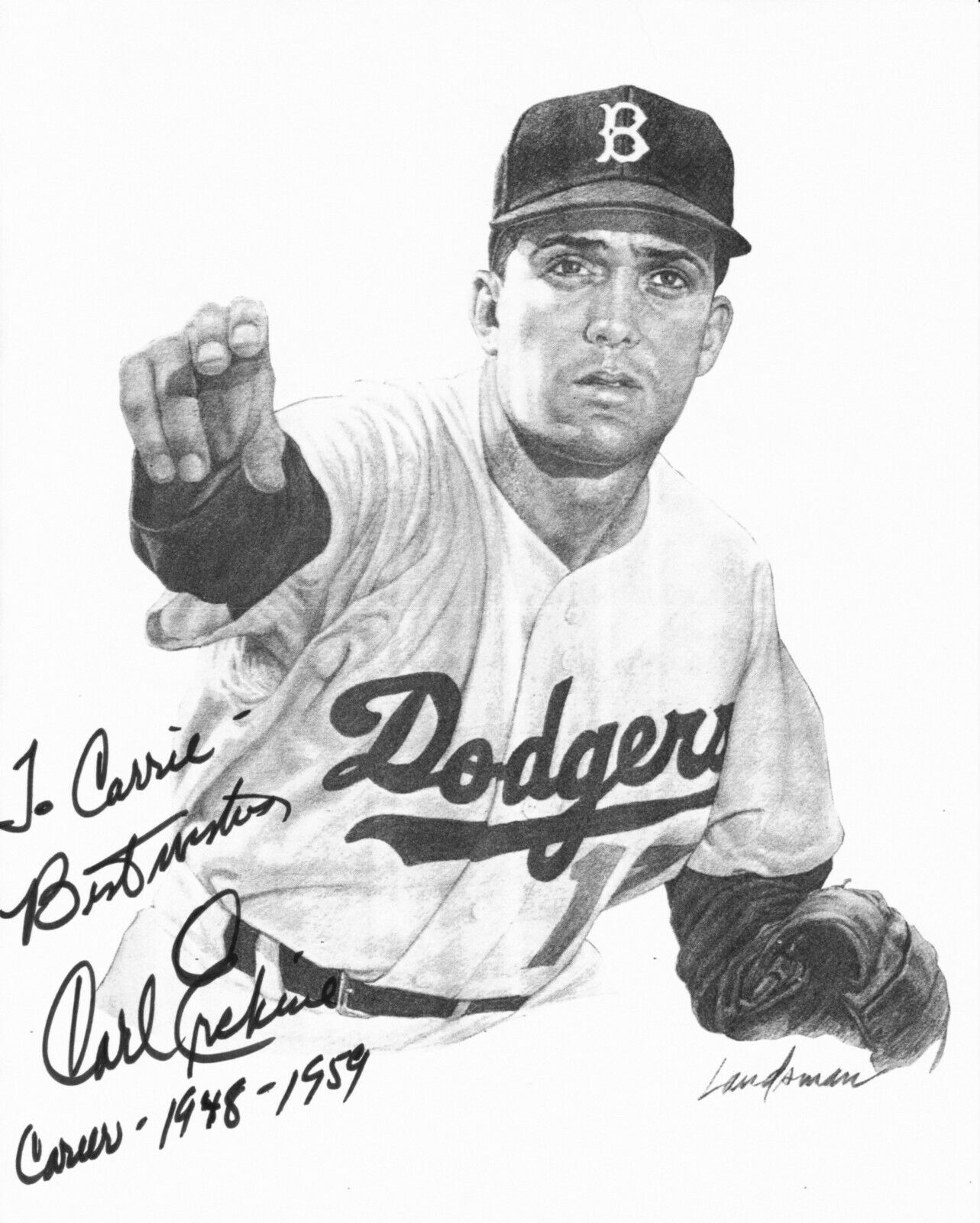 CARL ERSKINE hand-signed BROOKLYN DODGERS 8x10 authentic w/ coa NICE LITHOGRAPH