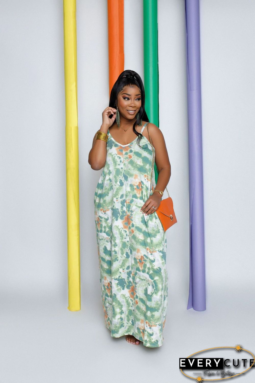 Printed Tie-dyed Sexy Sling V-neck Dress Long Skirt