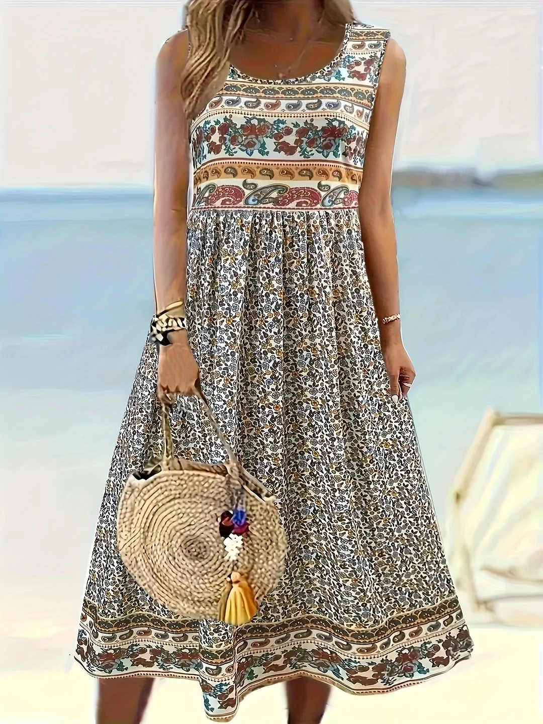 Summer Women's A-Line Dress | Striped Print Round Neck Seven-Inch Sleeve Casual To Office Wear, Machine Washable Long Dress For Work & Daily Outfits, Flowy Fabric Gown | IFYHOME