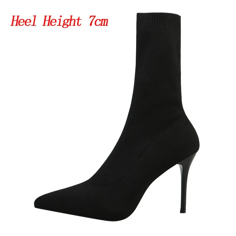 2022 Women Stretch Knitted Sock Boots 7cm 9cm High Heels White Ankle Boots Stripper Low Block Heel Lady Warm Winter Chunky Shoes