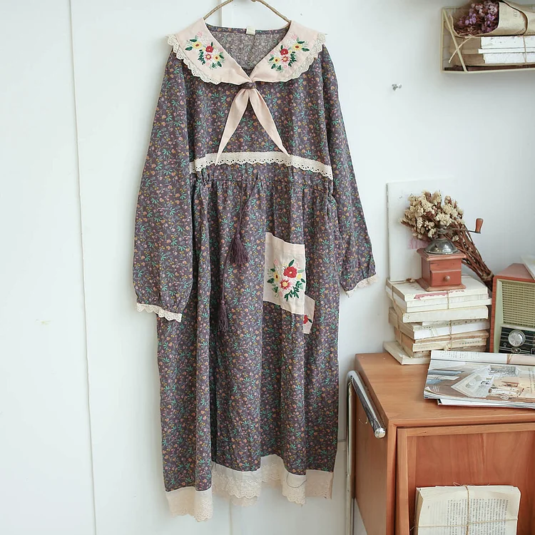 Queenfunky cottagecore style Cute Embroidered Collar Floral Dress QueenFunky