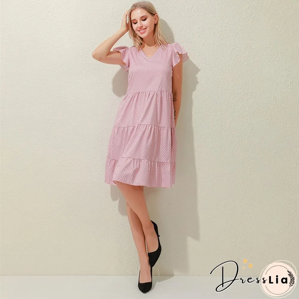 Summer Sundress Women Ruffles Sleeves V-Neck Dot Boho Vest Multi-Layer Connection Hem