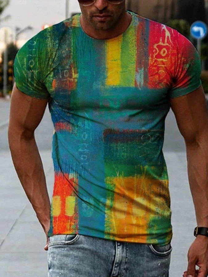 Men's Contrast Block Painting Print T-shirt
