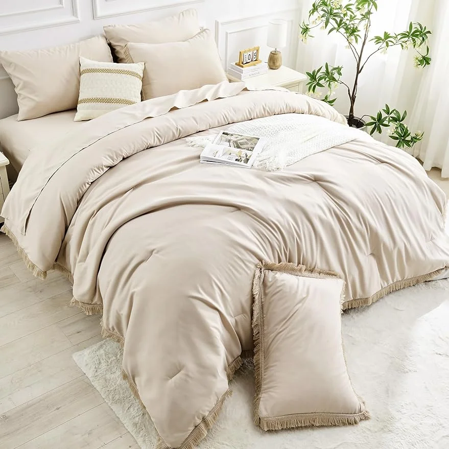 Qucover Comforter Set 7 Pieces,Tan Bed Set with Comforter and Sheets,Boho Tassel Bed in a Bag Soft Farmhouse Bedding Sets with Comforter,Pillow Sham,Pillowcase and Sheets