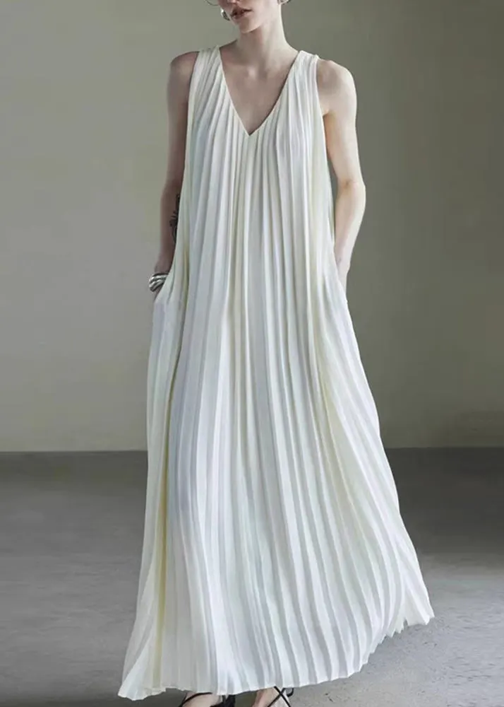 Simple White V Neck Wrinkled Chiffon Long Dress Sleeveless