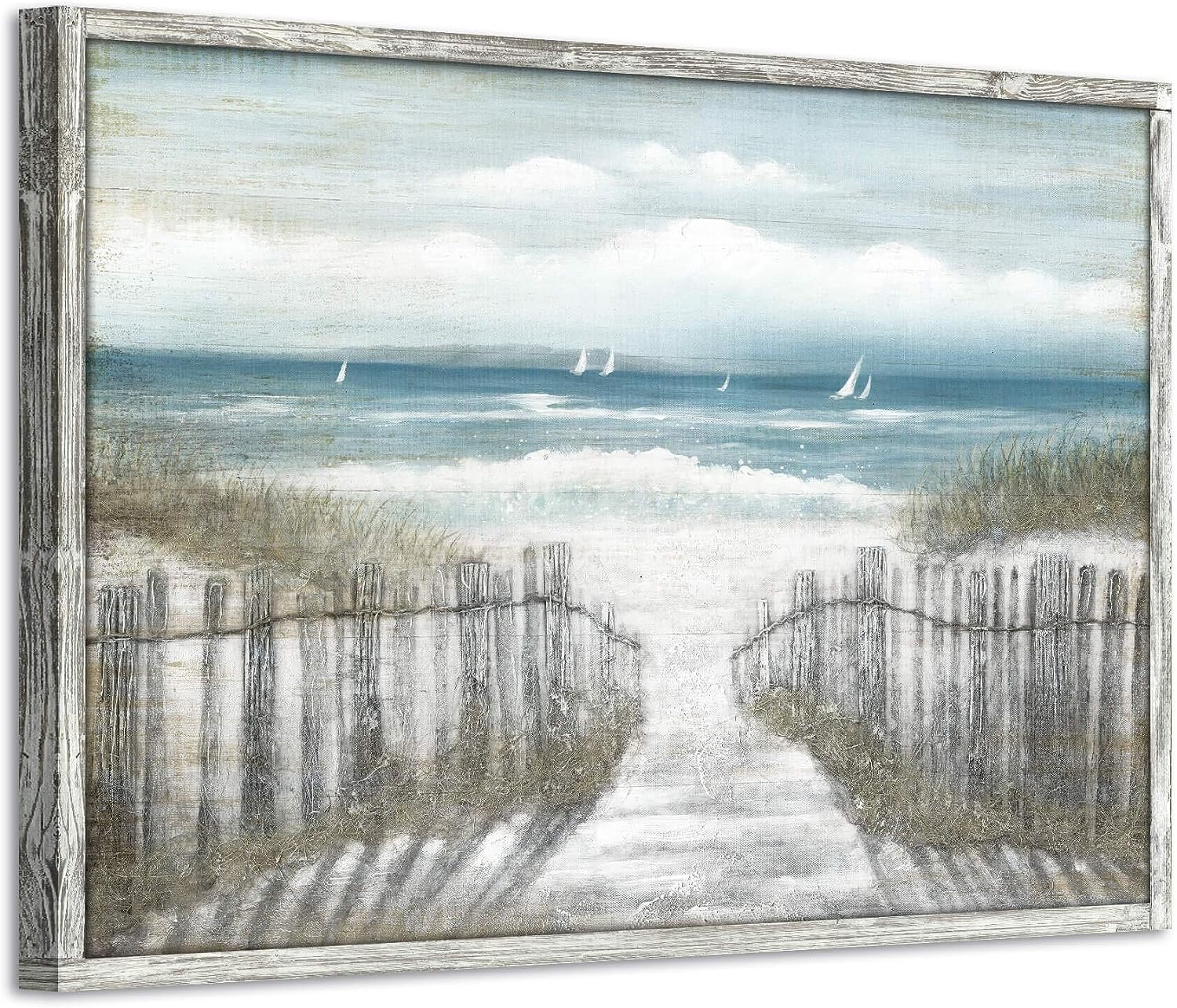 Abstract Beach Wooden Wall Art: Seascape Artwork Seaside Path Hand Painted Oil Painting Framed for Living Room (36W x 24H, Multi-Sized) 36&#034;x24&#034;