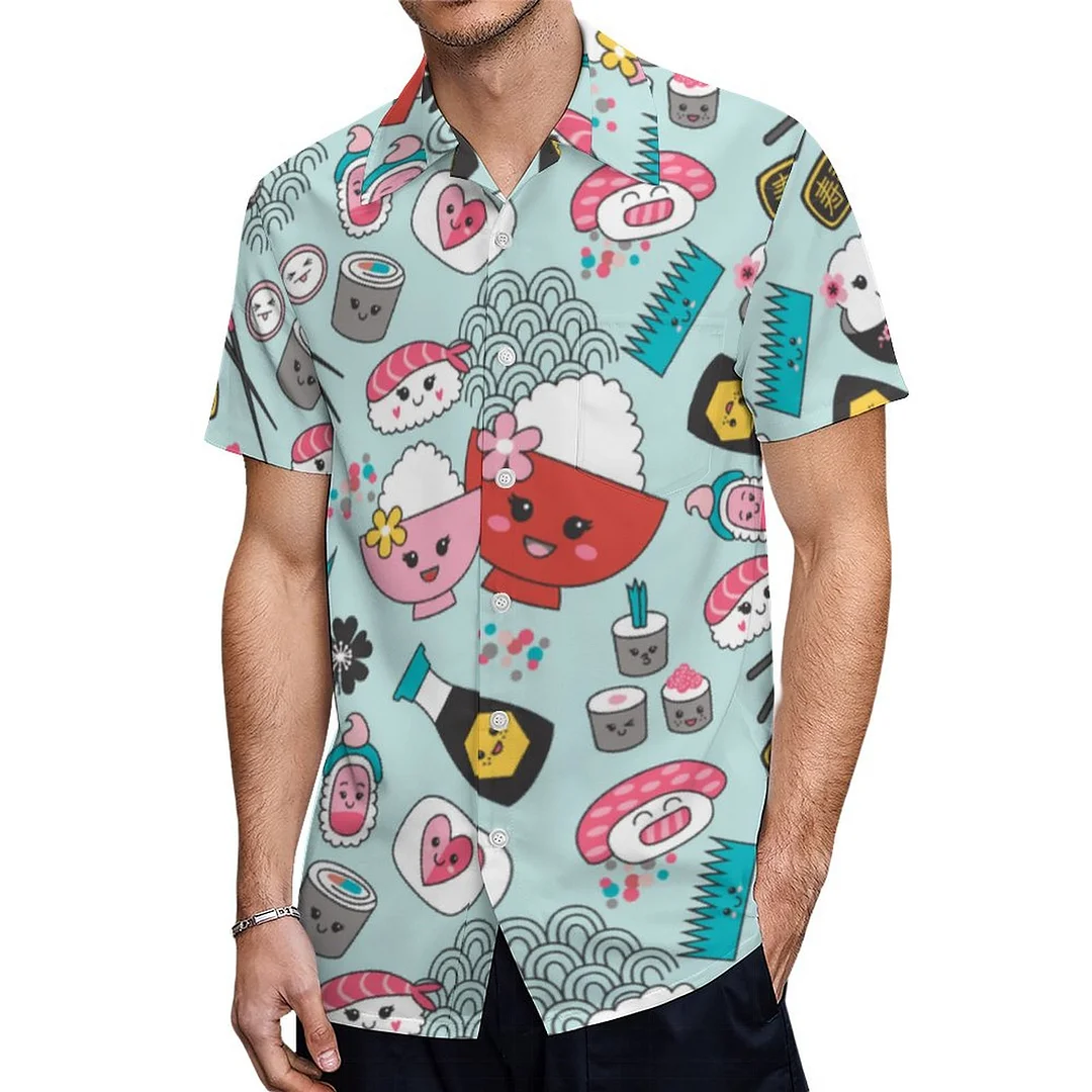 Short Sleeve Blue Colorful Sushi Rice Food Hawaiian Shirt Mens Button Down Plus Size Tropical Hawaii Beach Shirts