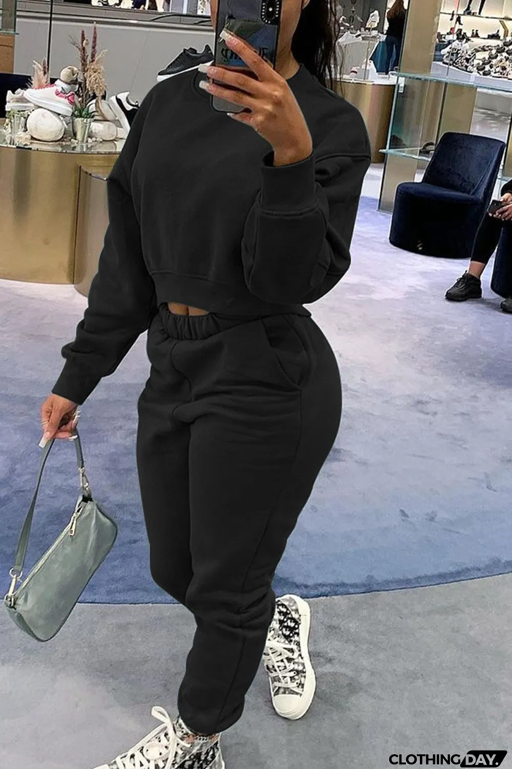 Blue Casual Solid Long Sleeve Two Pieces