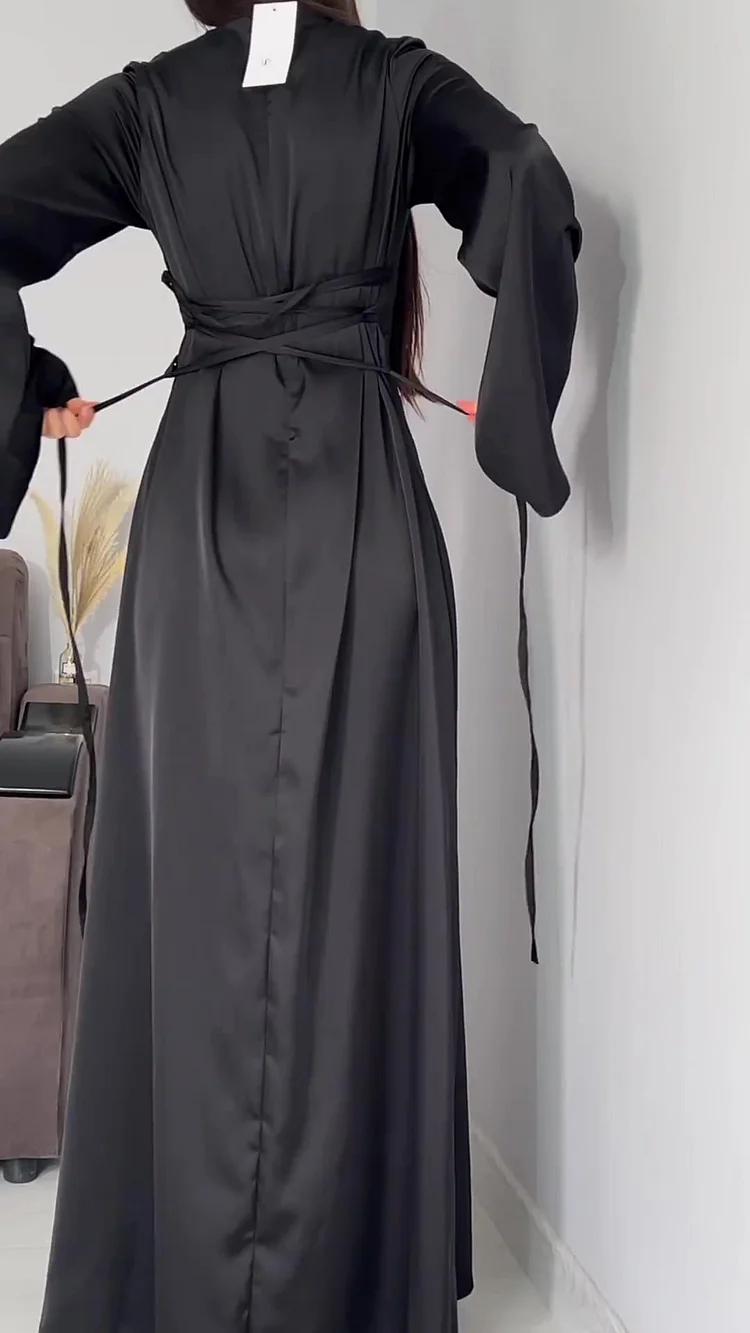Round Neck Long Sleeve Satin Back Lace Up Maxi Dress