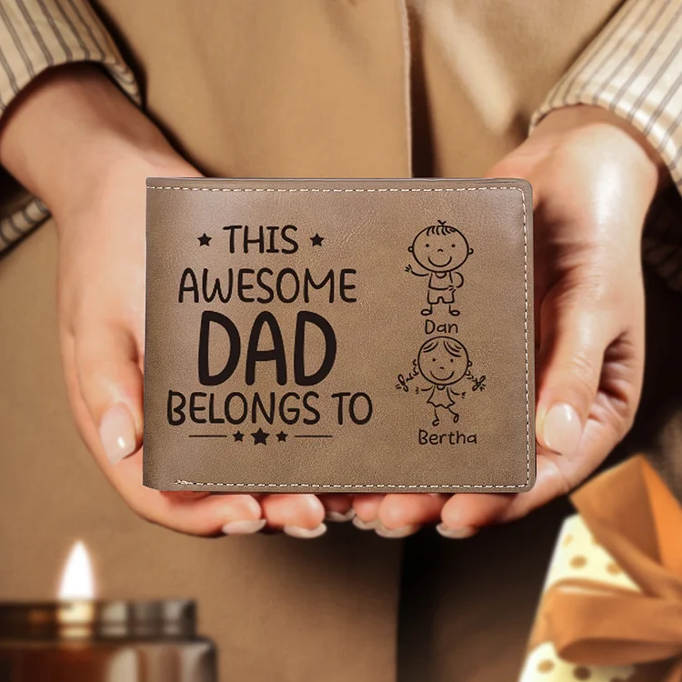 2 Names-Personalized Doll Customized Leather Men's Wallet Customized Name Folding Wallet With Gift Box for Dad
