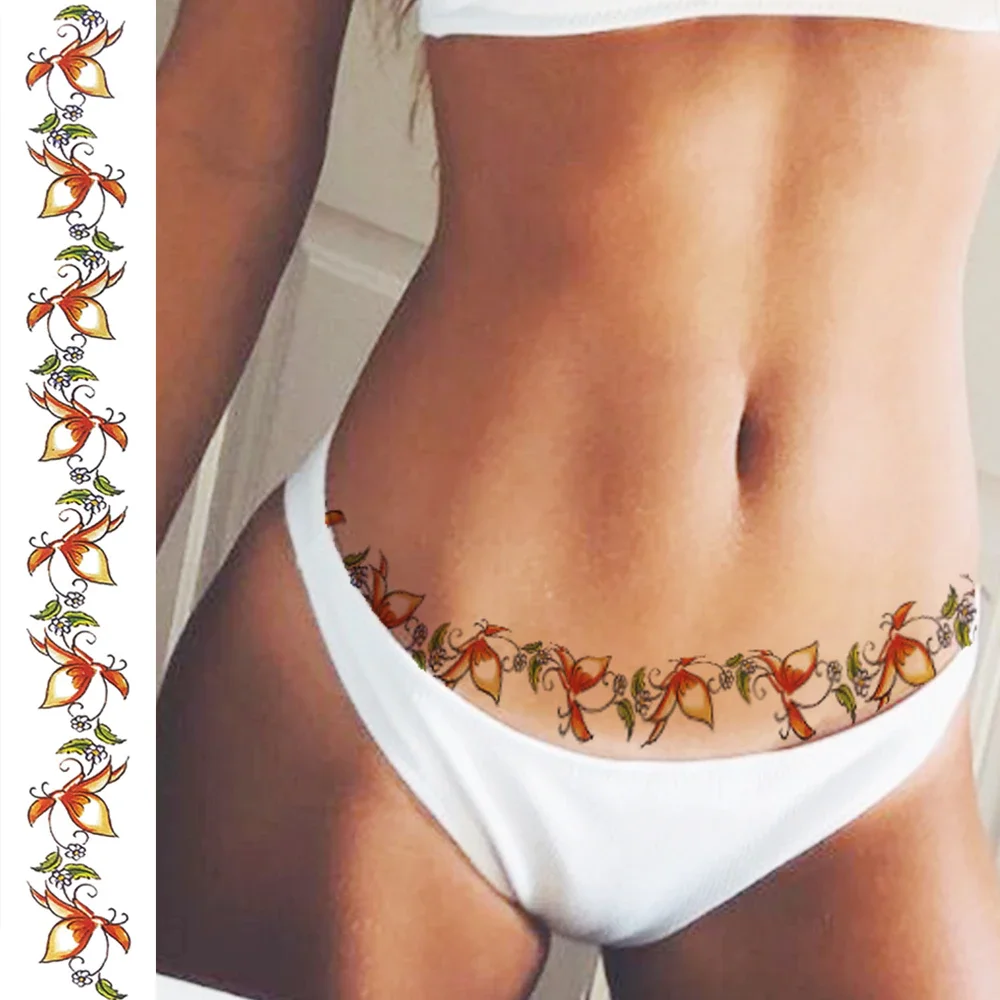 Sdrawing Flower Temporary Tattoos For Women Girls Fake 3D Orchid Rose Tatoo Sticker Long Bramble Sexy Waist Tattoo Realistic