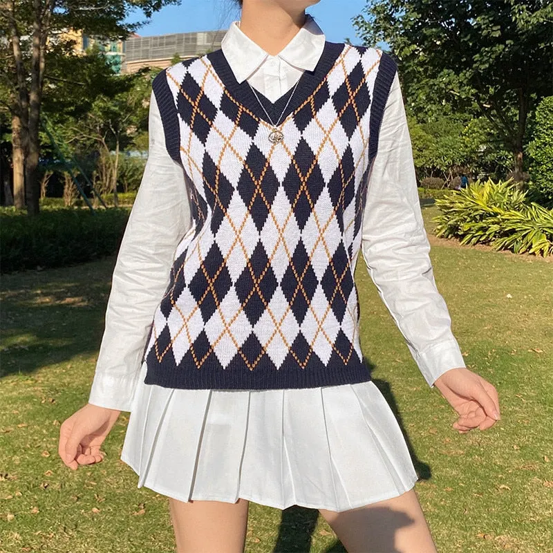 Knitted Vest Vangull Argyle Fashion  Women Casual Korean Pullover Elasticity Sweater Spring Autumn Sleeveless V-Neck Tank Tops