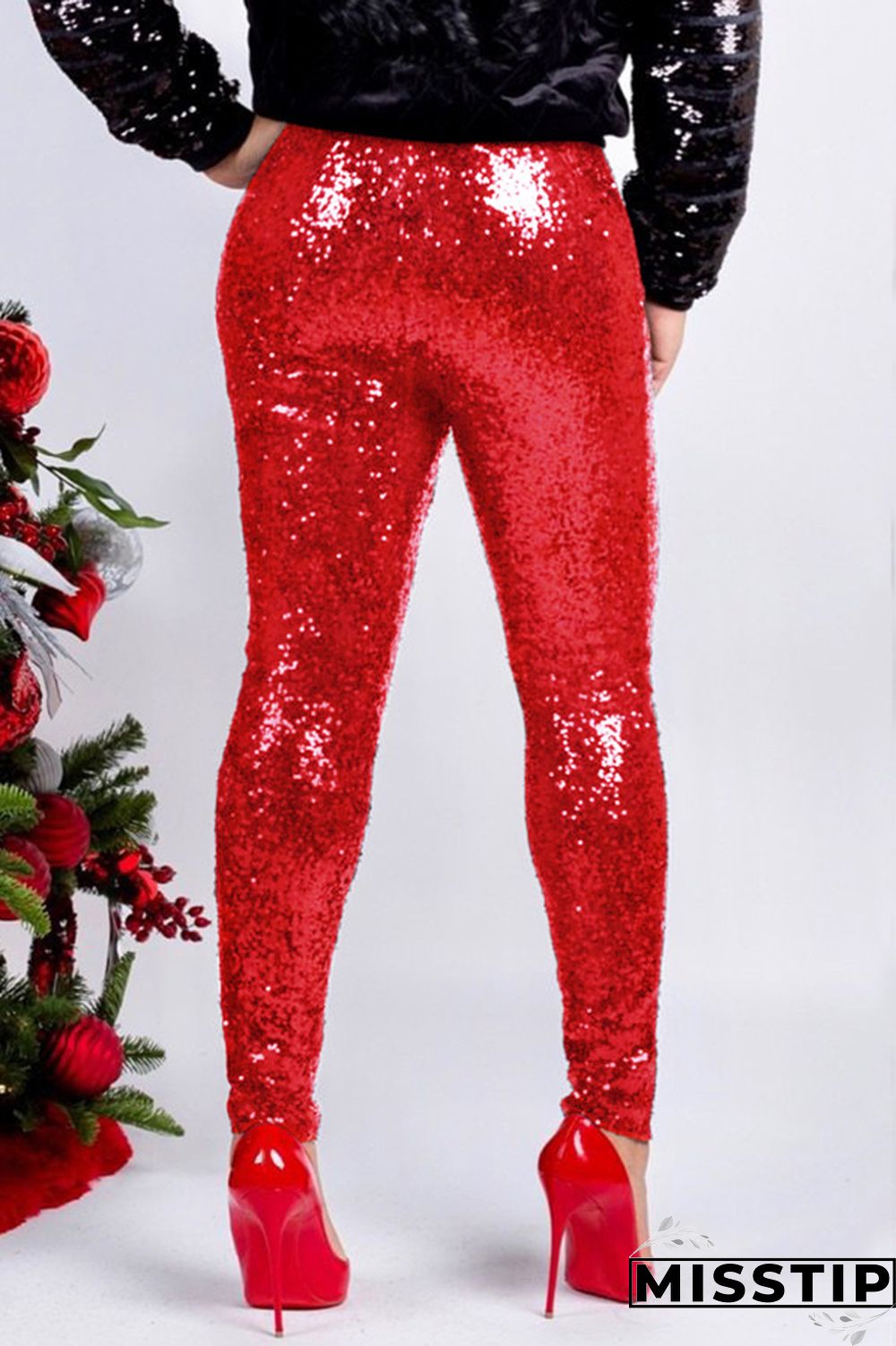 Red Fashion Party Solid Sequins Sequined Skinny Mid Bottoms