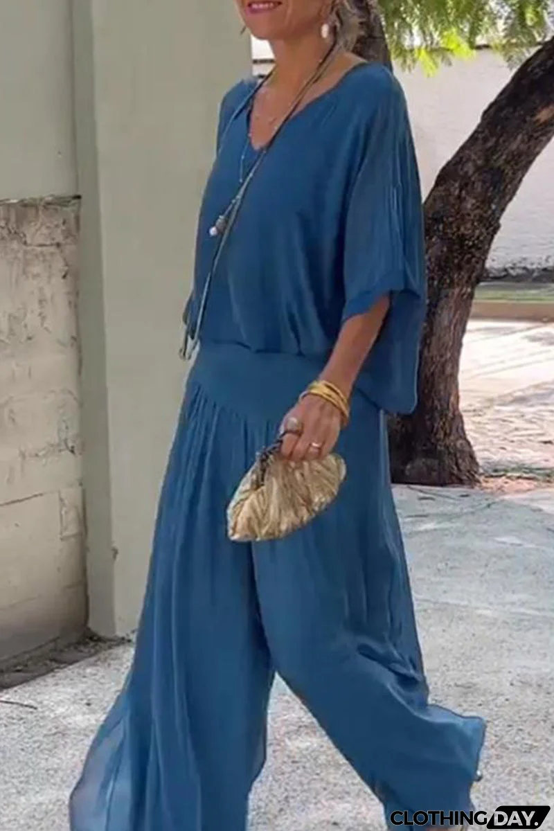 Elegant Solid Patchwork V Neck Half Sleeve Two Pieces