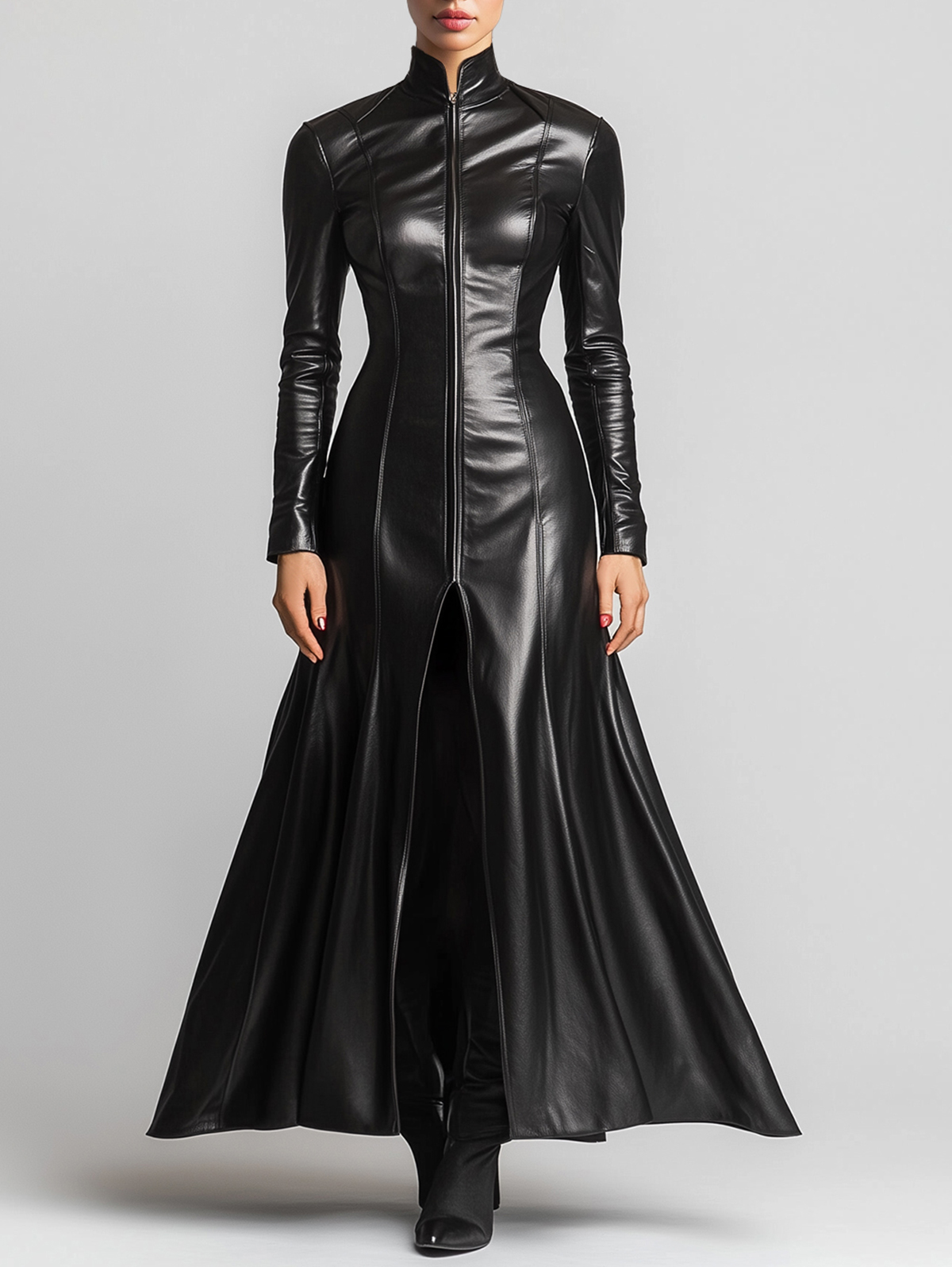 Ursime PU Leather Stand Collar Long Sleeve Slit Maxi Dress