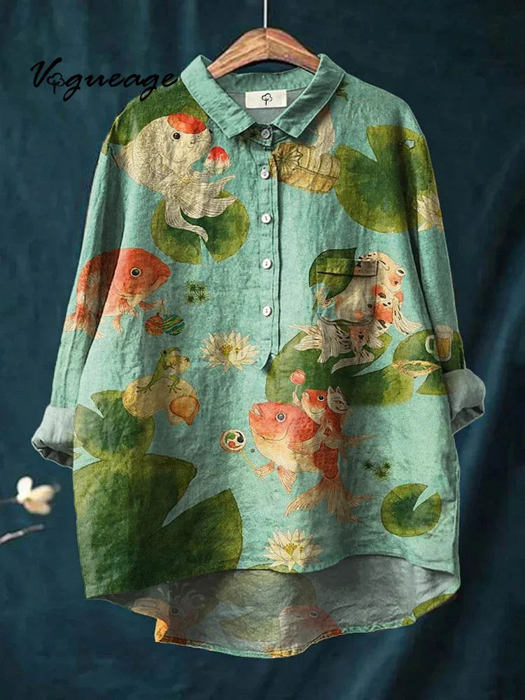 Elegant Leisure Ink Pond Goldfish Lotus Leaf Frog Print Cotton And Linen Shirt