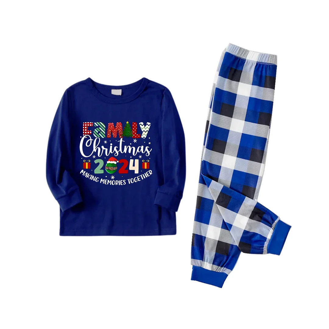 "Family Christmas 2024 Making Memories Together" Cute Text Printed Blue and White Plaid Family Matching Pajamas