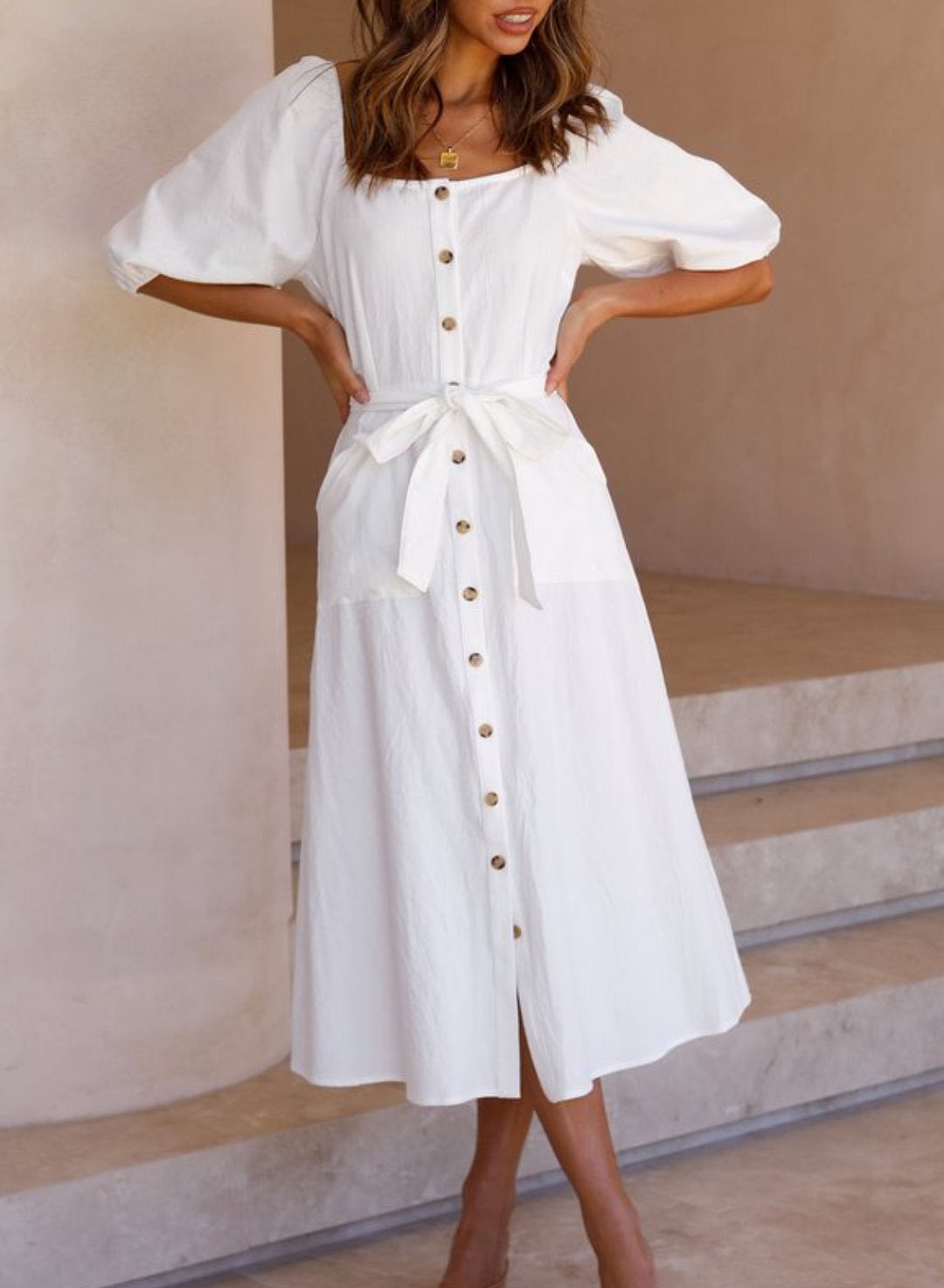 Women's Dresses Belted Button-up Linen Midi Dress