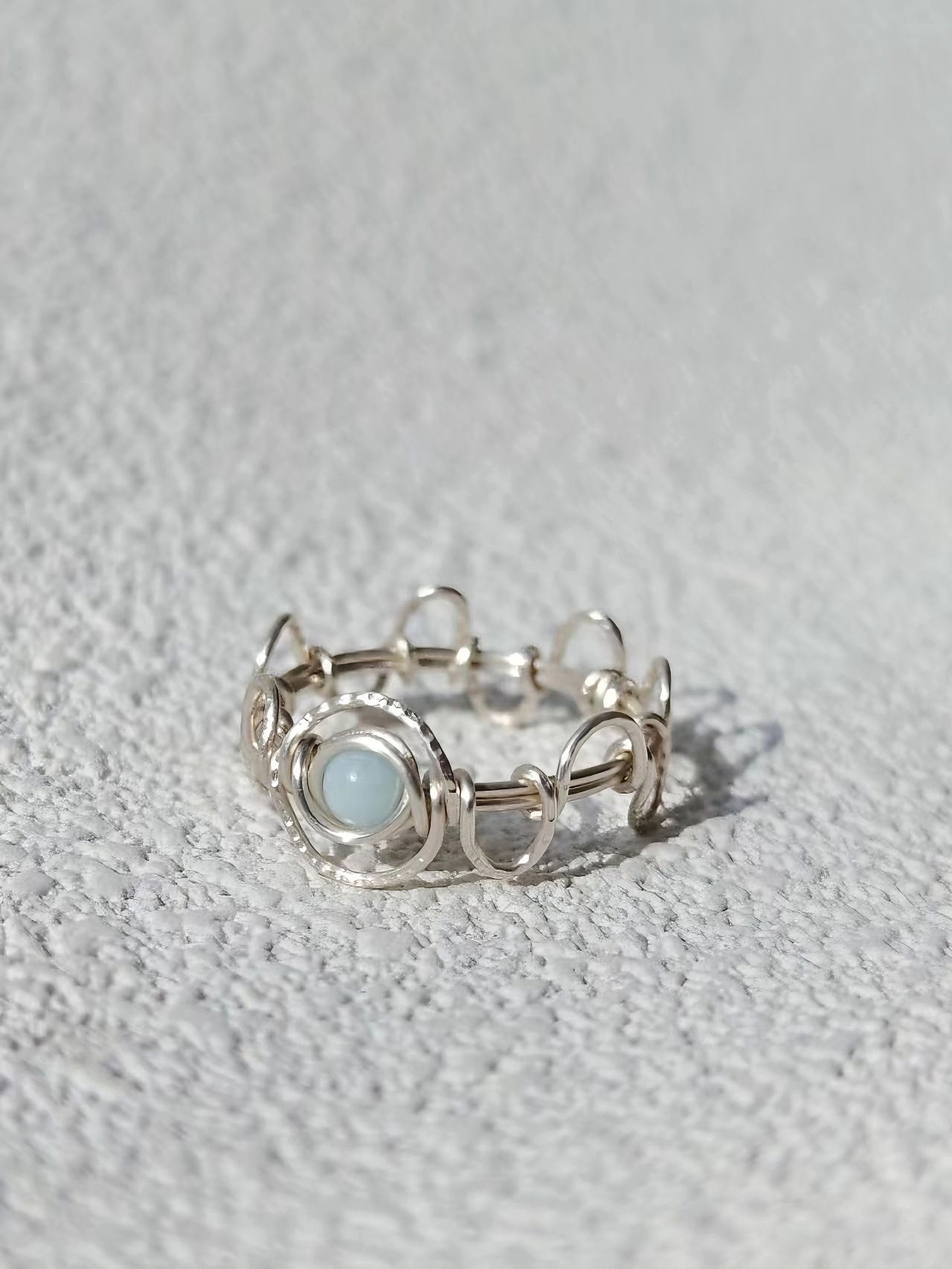 Shoushan stone handmade wire wrapped adjustable ring with 0.6cm soft blue stone