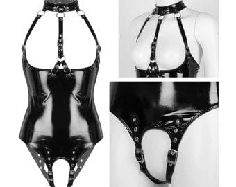 pornhint Pornhint Open Crotch Imitation Latex Bodysuit, PVC Fetish Clothing, BDSM Gear For Women