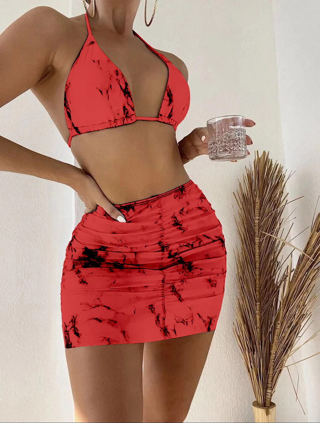 Brownm 2022 New Marble Printed Mesh Three-Piece Short Skirt Swimsuit Bikini