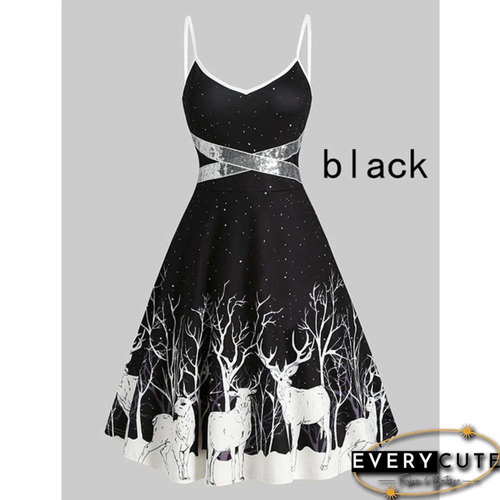 Christmas Print Sequin Patchwork Sleeveless Dress Santa Xmas Deer Skater Party Dresses