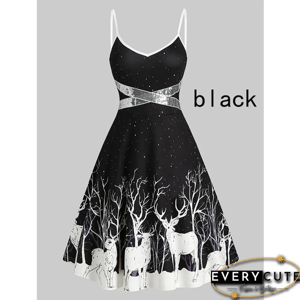 Christmas Print Sequin Patchwork Sleeveless Dress Santa Xmas Deer Skater Party Dresses