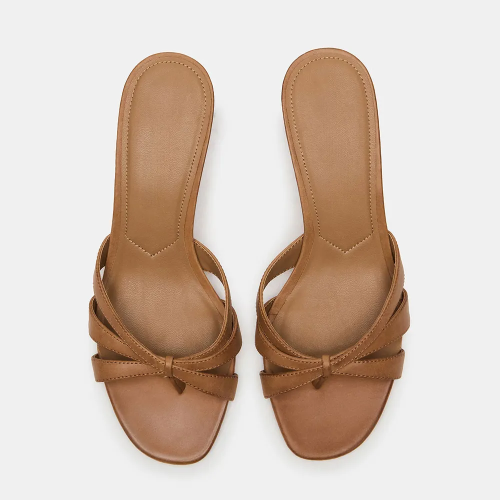 Brown Vegan Leather Open Toe Spool Heel Flip Flops for Women