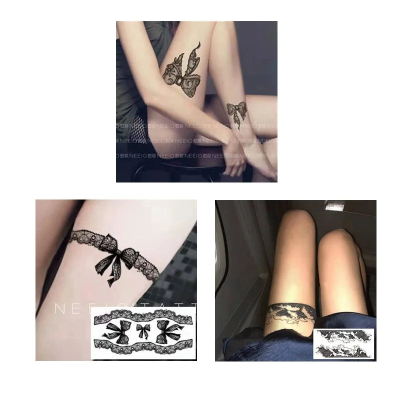 New Black Lace Bow Temporary Tattoo Sticker Waterproof Female Sexy Big Picture Leg Arm Body Art Fake Tattoo Ankle Fashion Tattoo