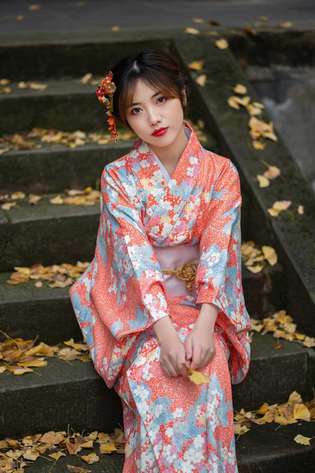 Yukata Kimono Pink Orange Cherry Blossom Vintage Style - せいじんしき Stupa Stones