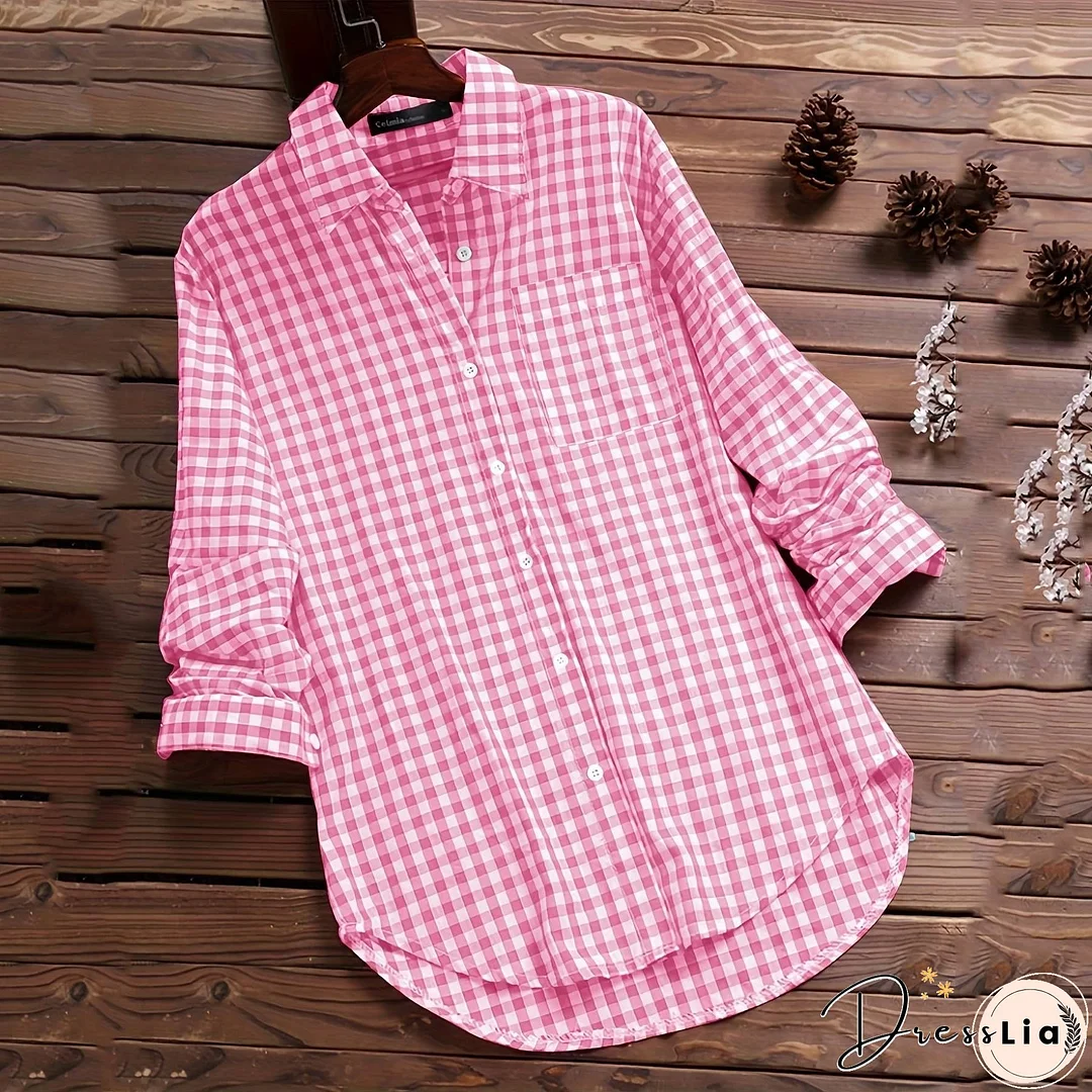 Women's Cotton Plaid Lapel Long-sleeved Retro Shirt Blouses