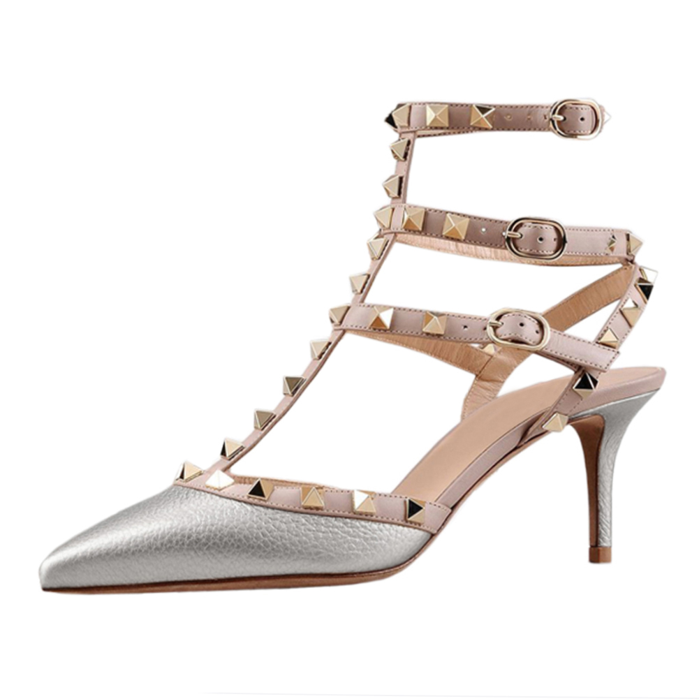 65mm Women's Low Heels Rivets Sandals Silver Line-vocosishoes
