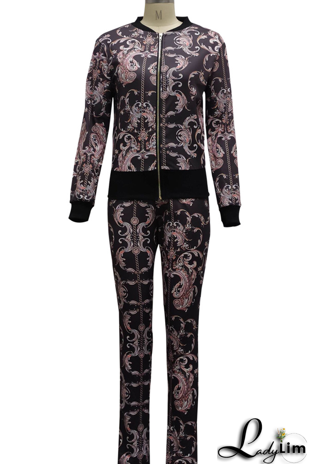 Colour Sexy Print Split Joint Zipper Collar Long Sleeve Two Pieces