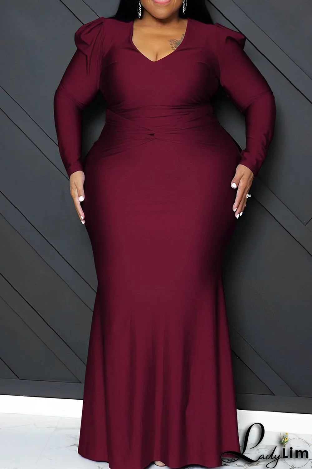 Orange Casual Solid Patchwork V Neck Long Sleeve Plus Size Dresses