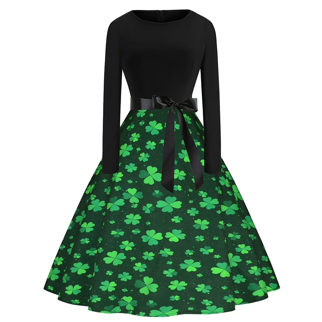 Round neck clover printed large swing dress