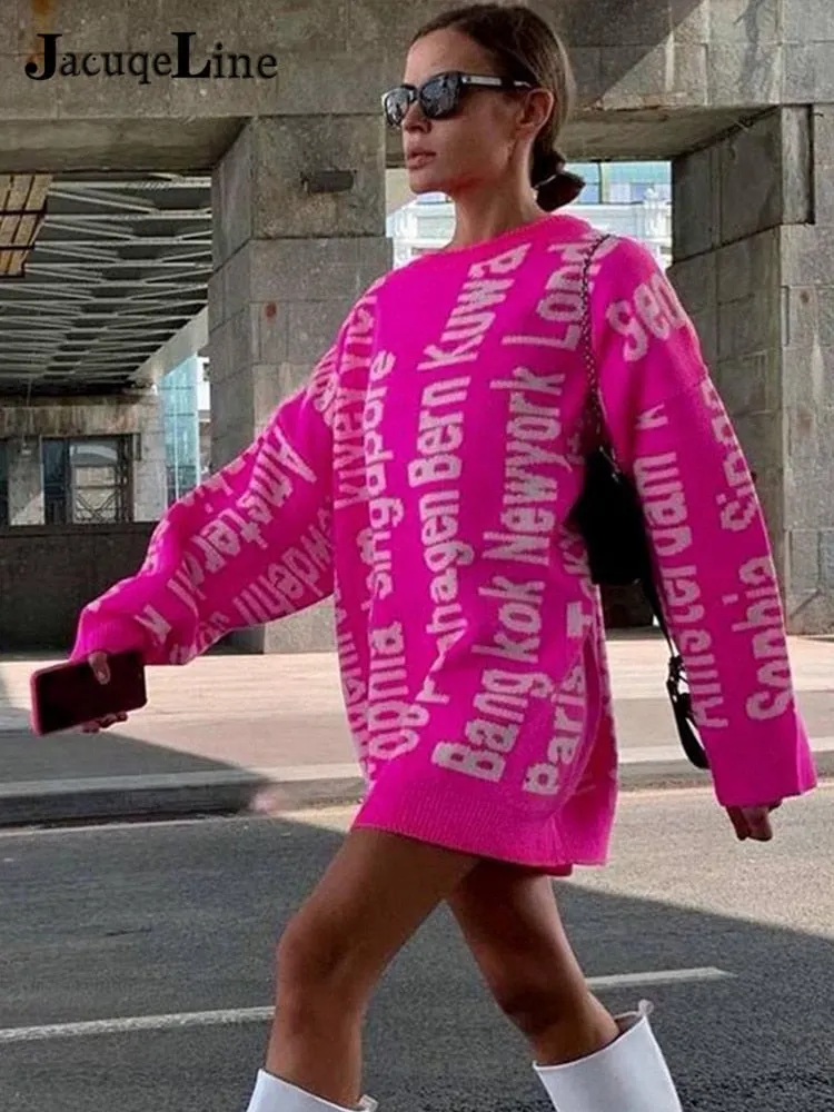 Jacuqeline 2022 Letter Knitted Oversize Women Dress Sweater Y2K Fashion O Neck Long Sleeve Mini Party Dresses  Autumn Winter