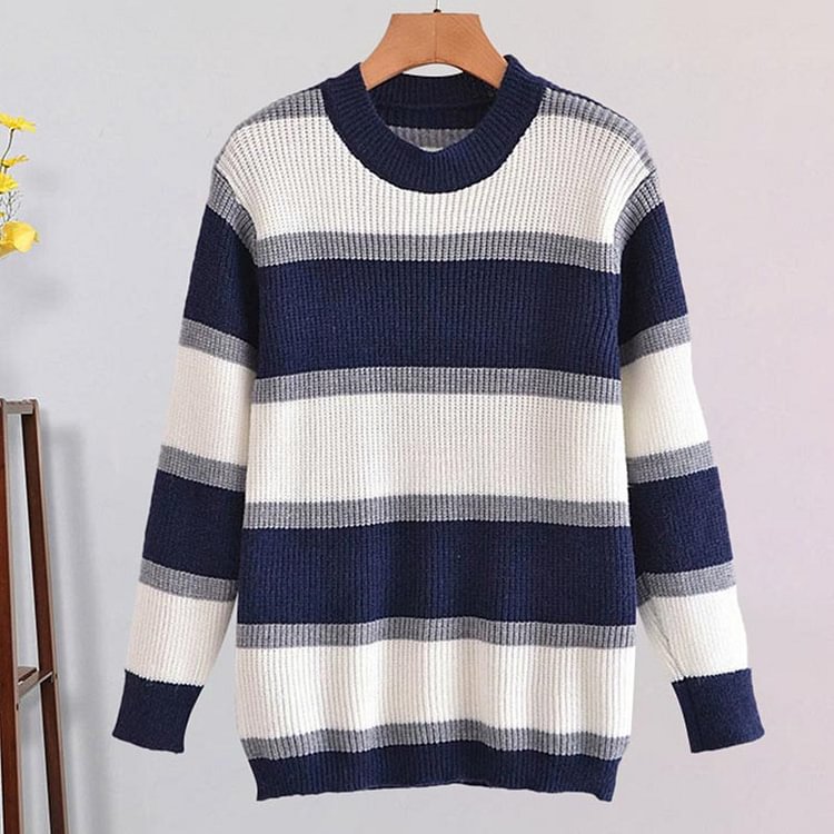 Colorblock Stripe Print Casual Sweater - Modakawa modakawa