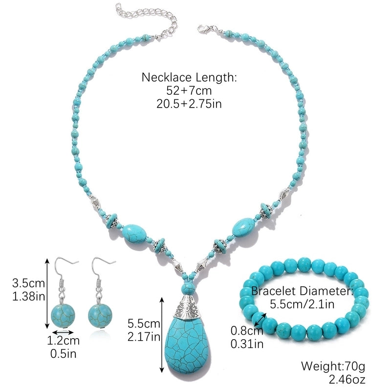 Ethnic Style Geometric Water Droplets Turquoise Metal Earrings Necklace