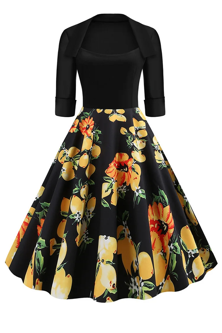 1950s Yellow Party Patchwork Floral Print Lapel Flare Swing Midi Dress