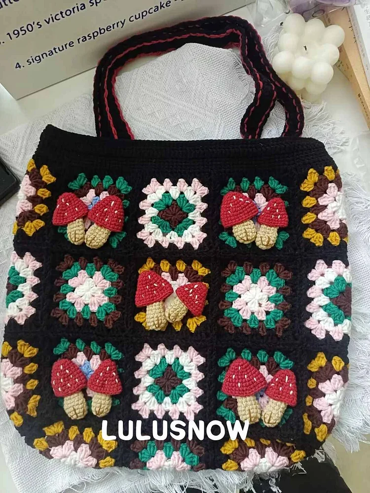 【New In】Lulusnow Handmade Black Mushroom Granny Square Crochet Tote Bag Shoulder Bag Gift For Naturelover