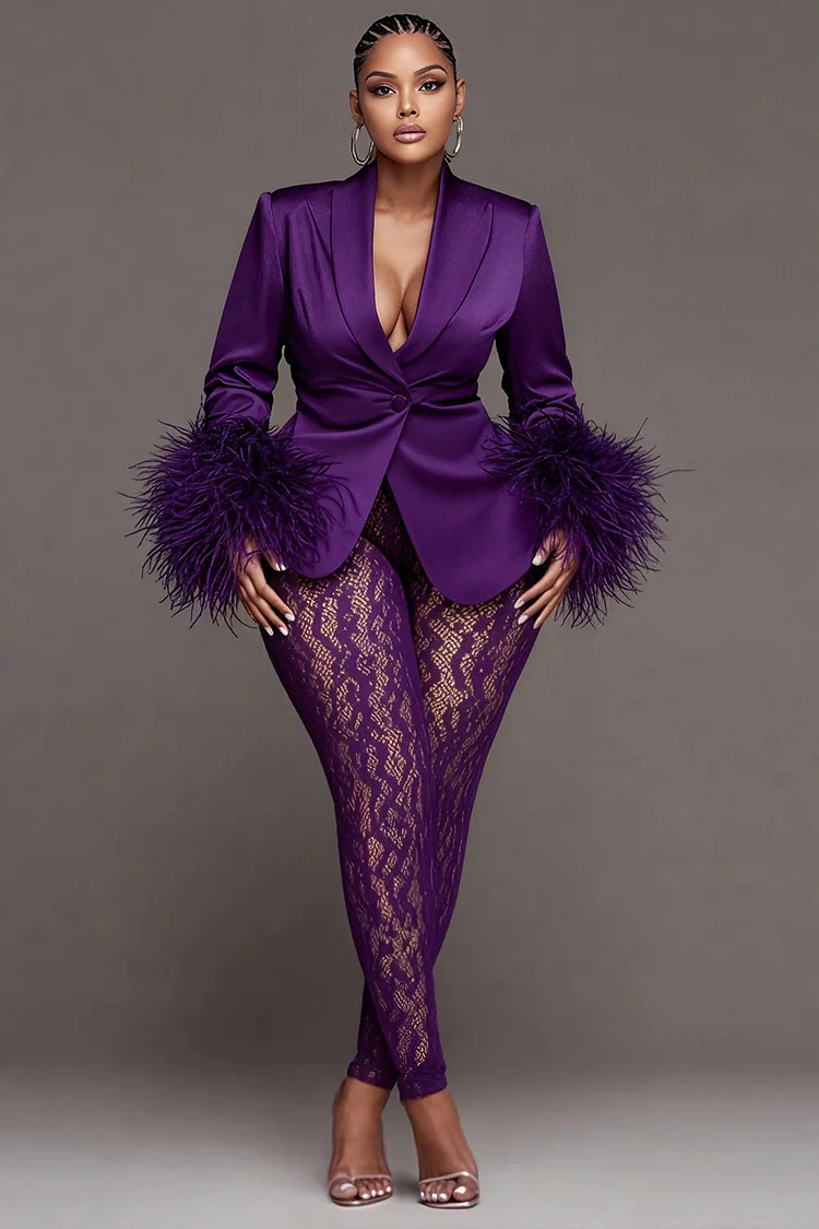 Xpluswear Design Plus Size Mardi Gras Lace Purple Lapel Collar Long Sleeve Feather See Through Satin Two Piece Pant Suits [Pre-Order]