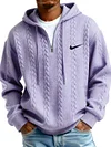 Men's Half Zip Cable-Knit Textured Fleece Hoodie
