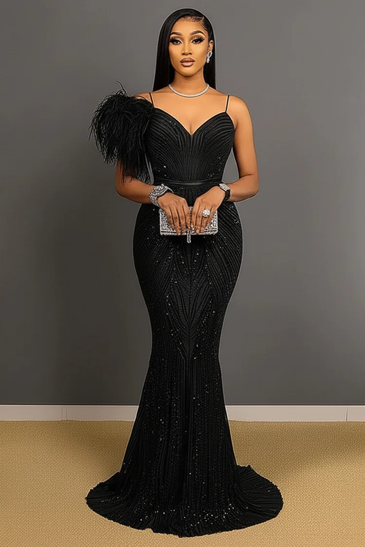 Feather Glitter Textured Party Cami Fishtail Maxi Dresses-Black [Pre Order]