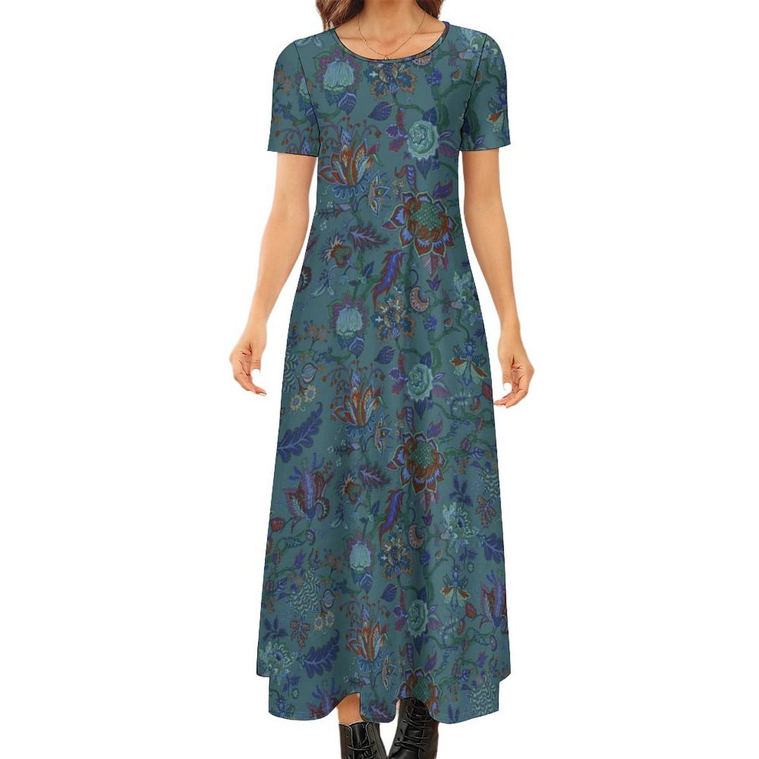 Blue Eden Pattern Wear Summer Maxi Dresses Casual Short Sleeve Loose Plus Size Dress