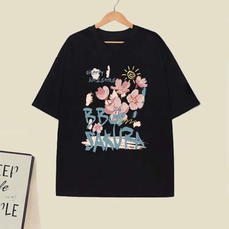 Tulip Cherry Blossom Print T-Shirt Pleated Skirt Two Pieces Set
