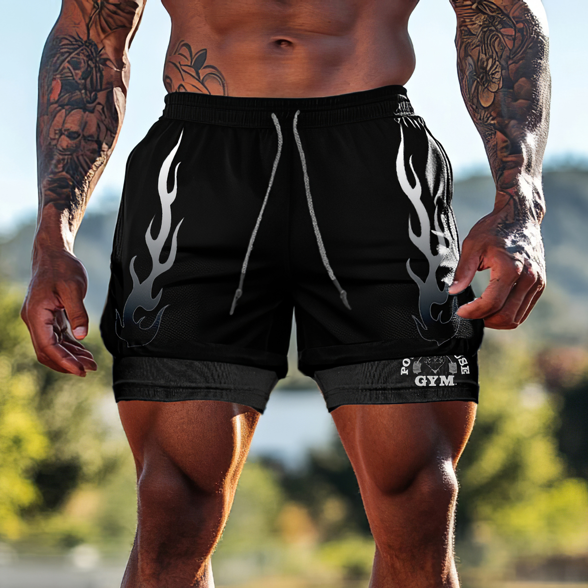 Vintage Gym Power Flame Graphic Double Layer Drawstring Gym Shorts