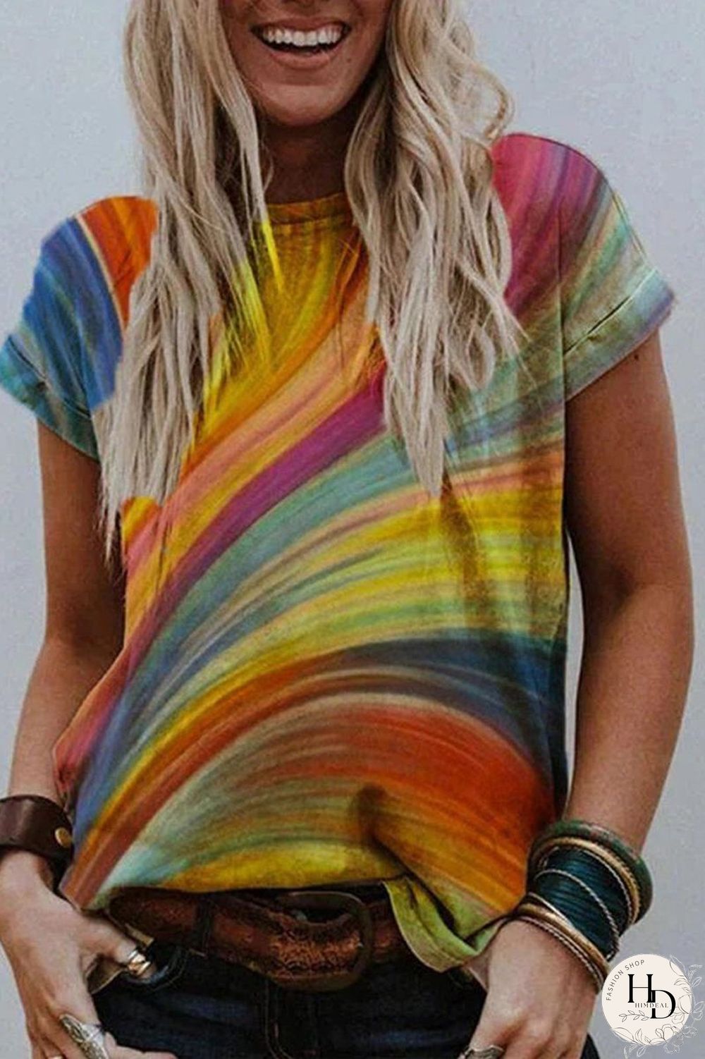 Rainbow Color Casual Short Sleeve T-Shirt